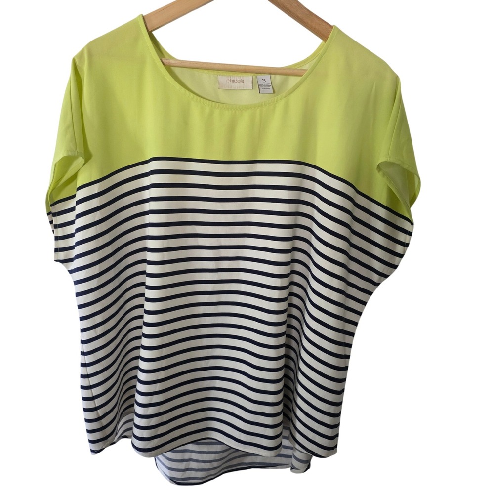 Chico's Vibrant Yellow and Coastal Navy Striped Dolman Top XL 16 Size 3 Preppy